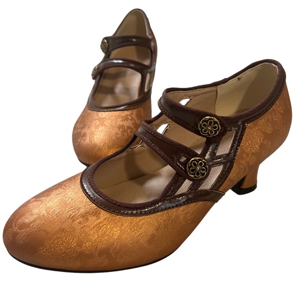 Vintage Bronze Heels with Cutout Design, Double Mary Jane Straps - Picture 2 of 8